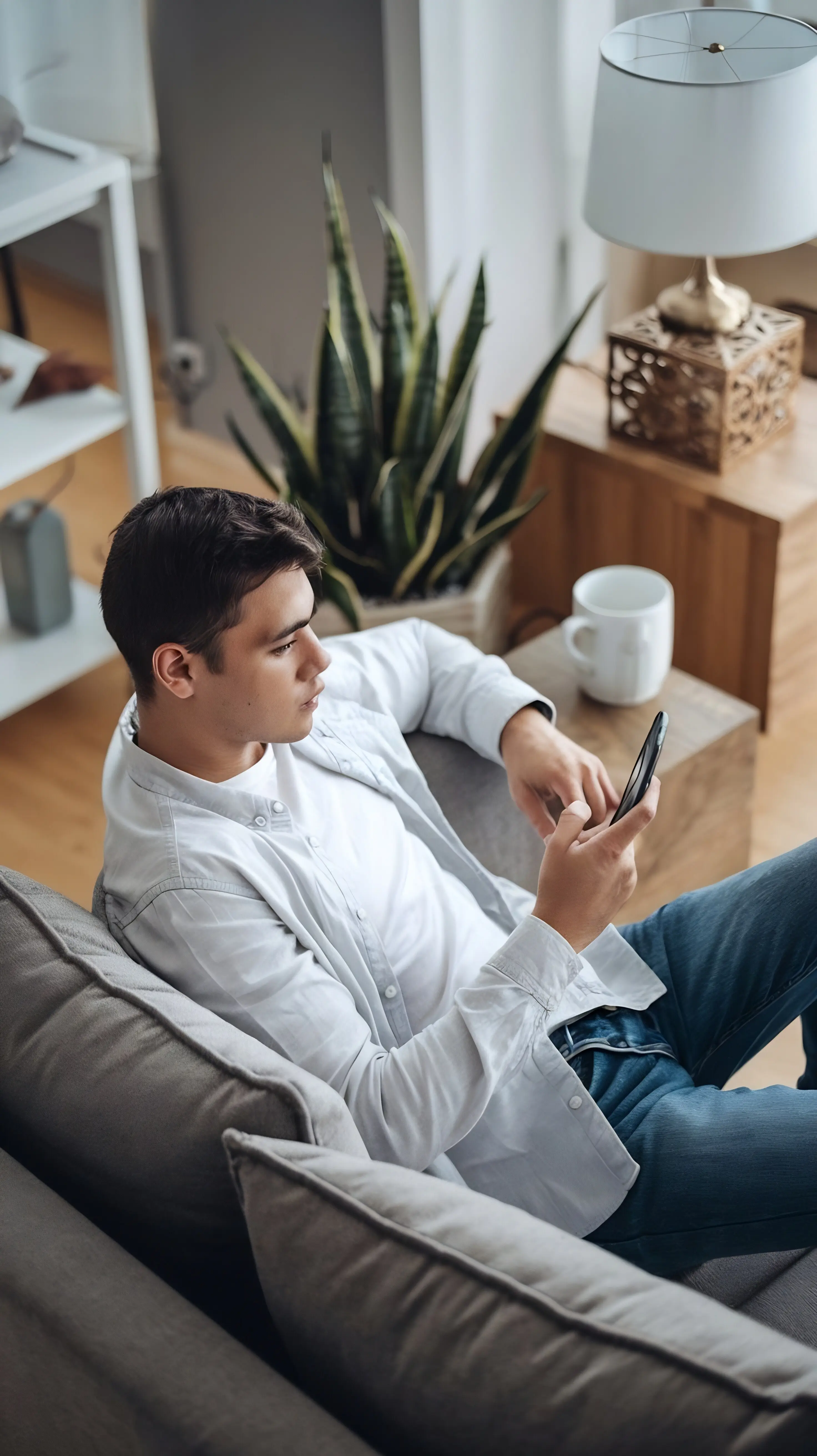In einem geräumigen Wohnzimmer einer Wohnung sitzt ein junger Mann auf dem Sofa und benutzt sein Smartphone.