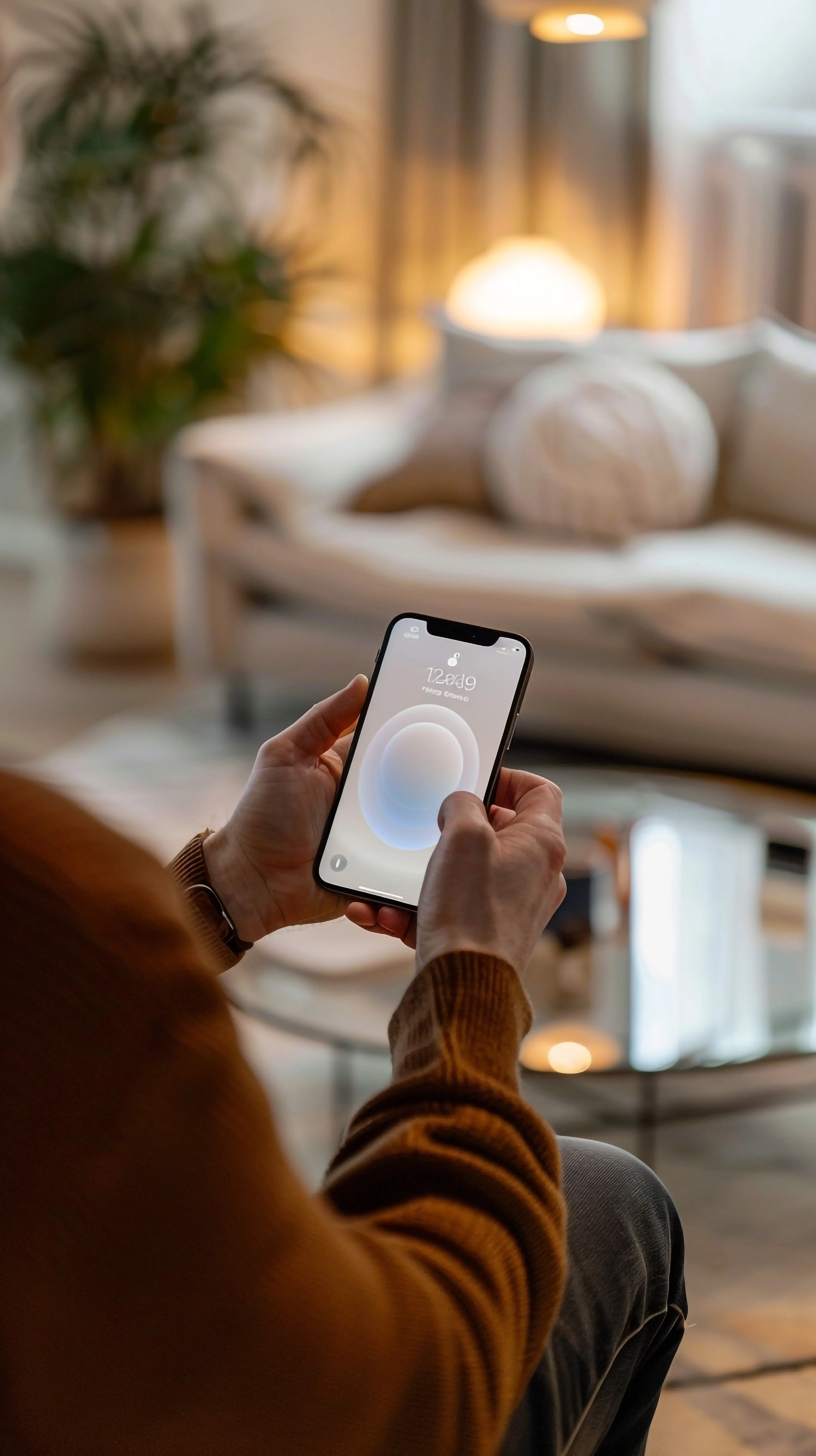 Ein Mann hält ein Smartphone mit weißem, leerem Mockup-Display vor einem Flachbildfernseher, selektiver Fokus.