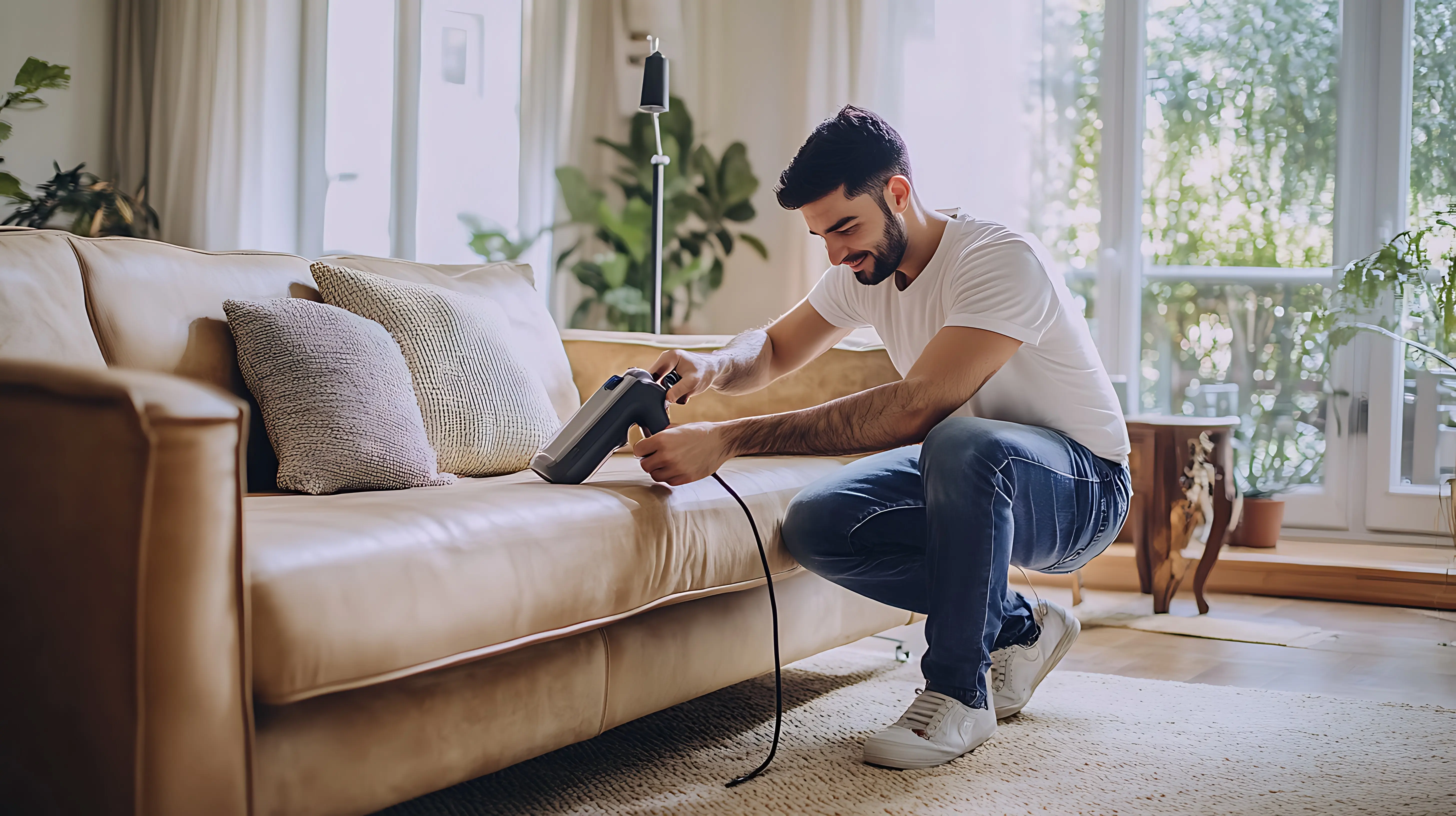 Ein Mann nutzt einen Laptop auf einer Couch in einem Wohnzimmer.